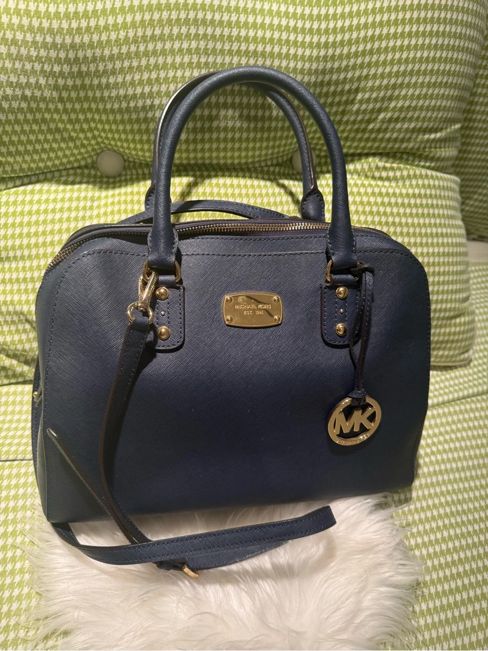 Michael Kors Navy Saffiano Dome Satchel with Gold Hardware